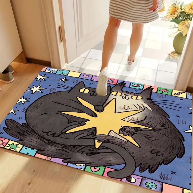 

Door Mat Cute Cartoon Cats Hug Star Print Boho Celestial Living Room Kitchen Bedroom Entrance Rug Living Room Decor Washable 40cm x 60cm