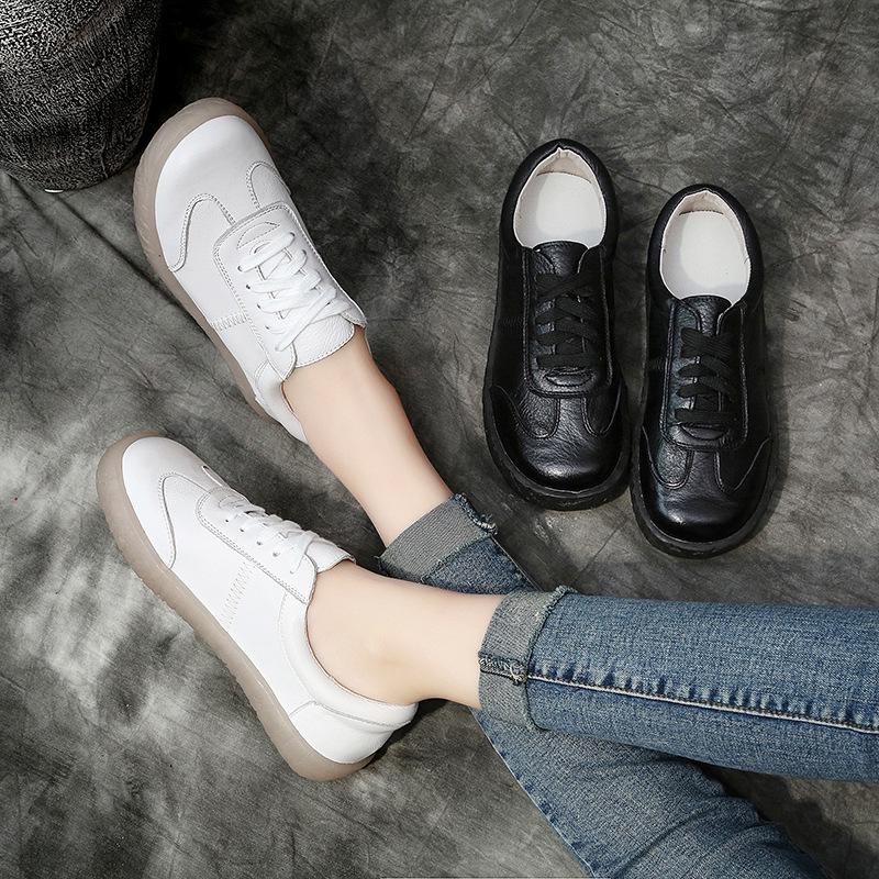 Loafers Ladies Genuine Leather Large Size Spring New Lace-up White Shoes Women Fashion Casual Soft Sole Flat Shoes Women