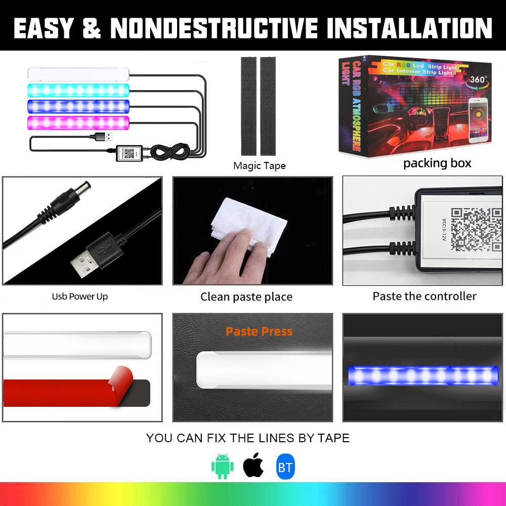 4 In 1 Car Interior Lights App Control Bluetooth-Compatible LED RGB Music Sync Ambient Lighting Kit
