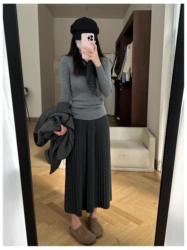 Elegant Korean Imitation Cashmere A-line Pleated Midi Skirt for Women - Autumn/Winter 2025 Slimming Drape Style