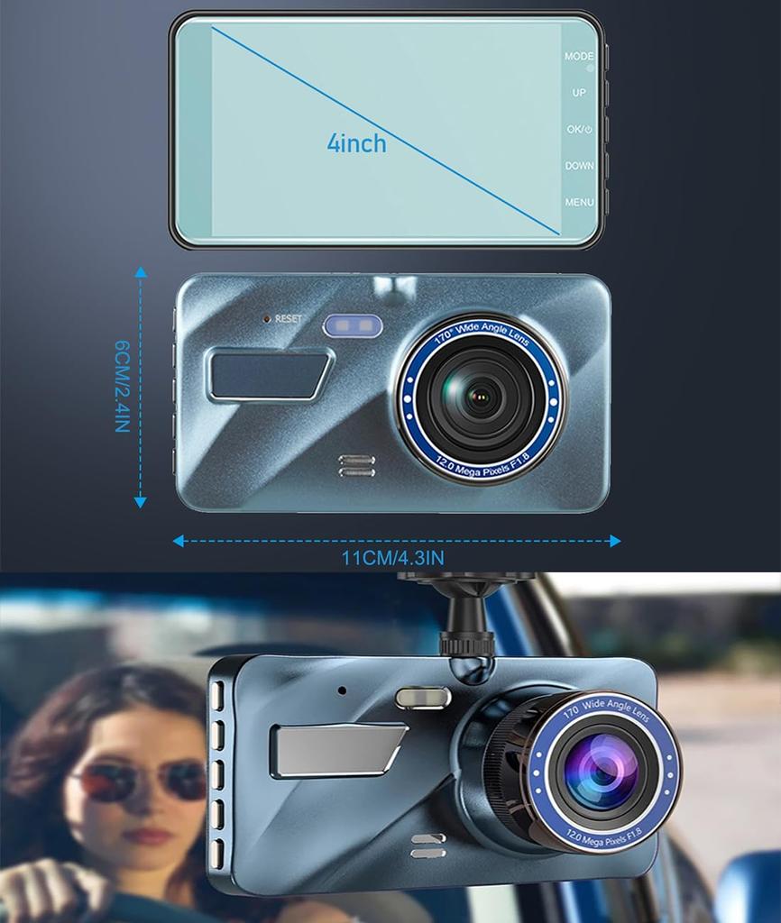 Dash Camera, 1296P Full HD Image Quality, 170° Ultra Wide Angle, Front and Rear