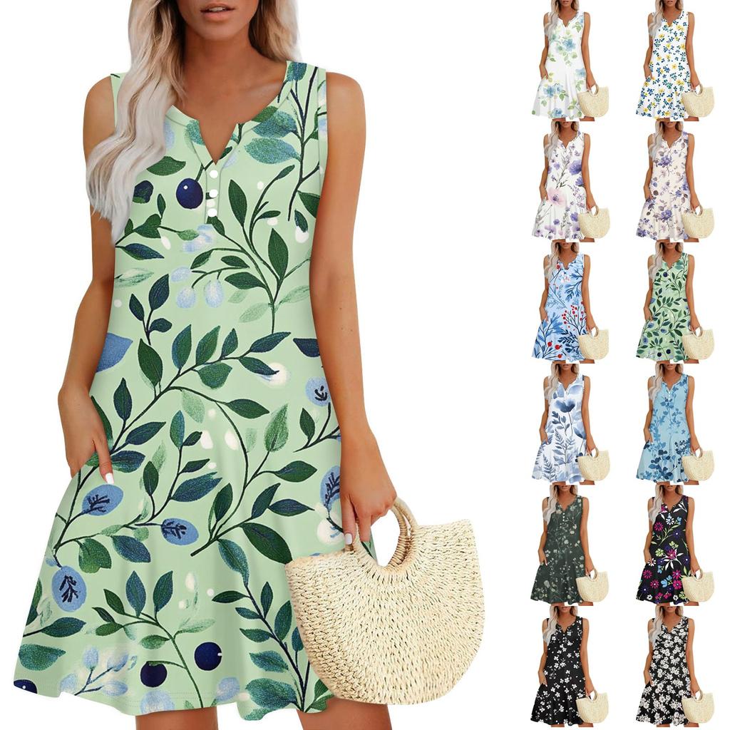 Women's Summer Casual V-Neck Floral Button Dress With Pockets