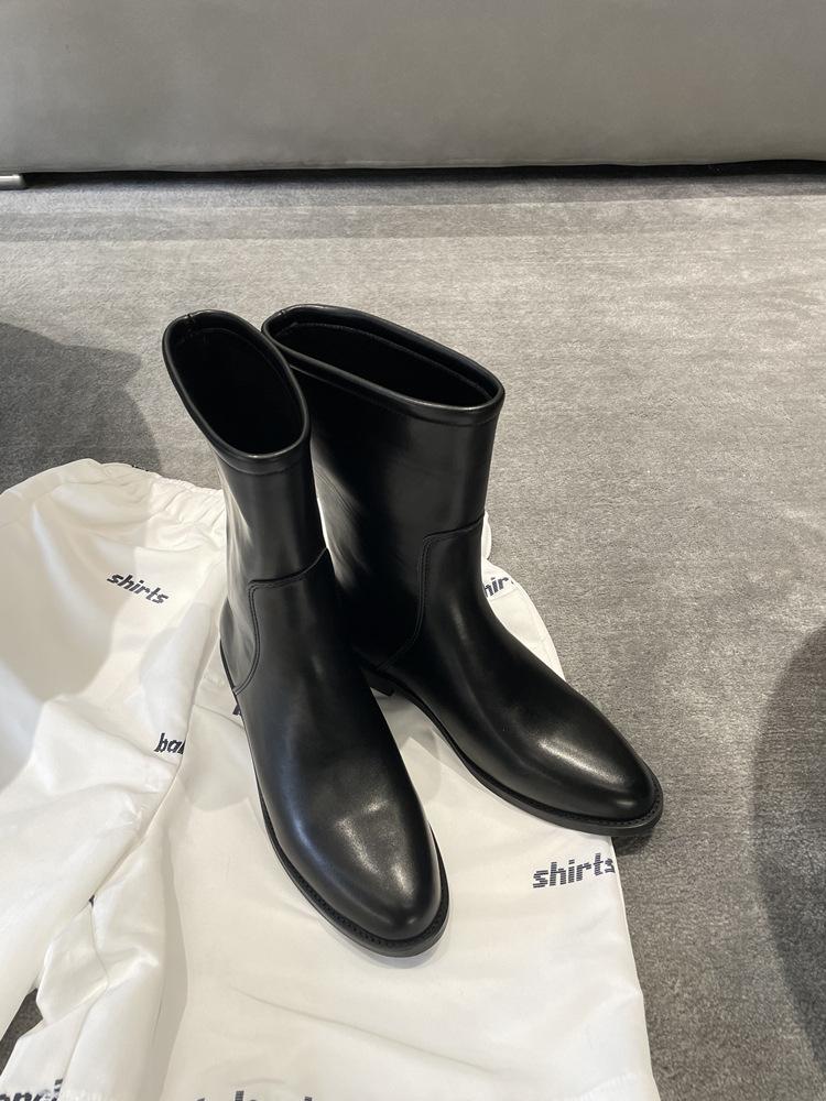 Sheepskin Version~ High-end Leather Thick-soled Medium Boots Women's Winter New Wide Martin Boots Knight Locomotive Boots Short Boots