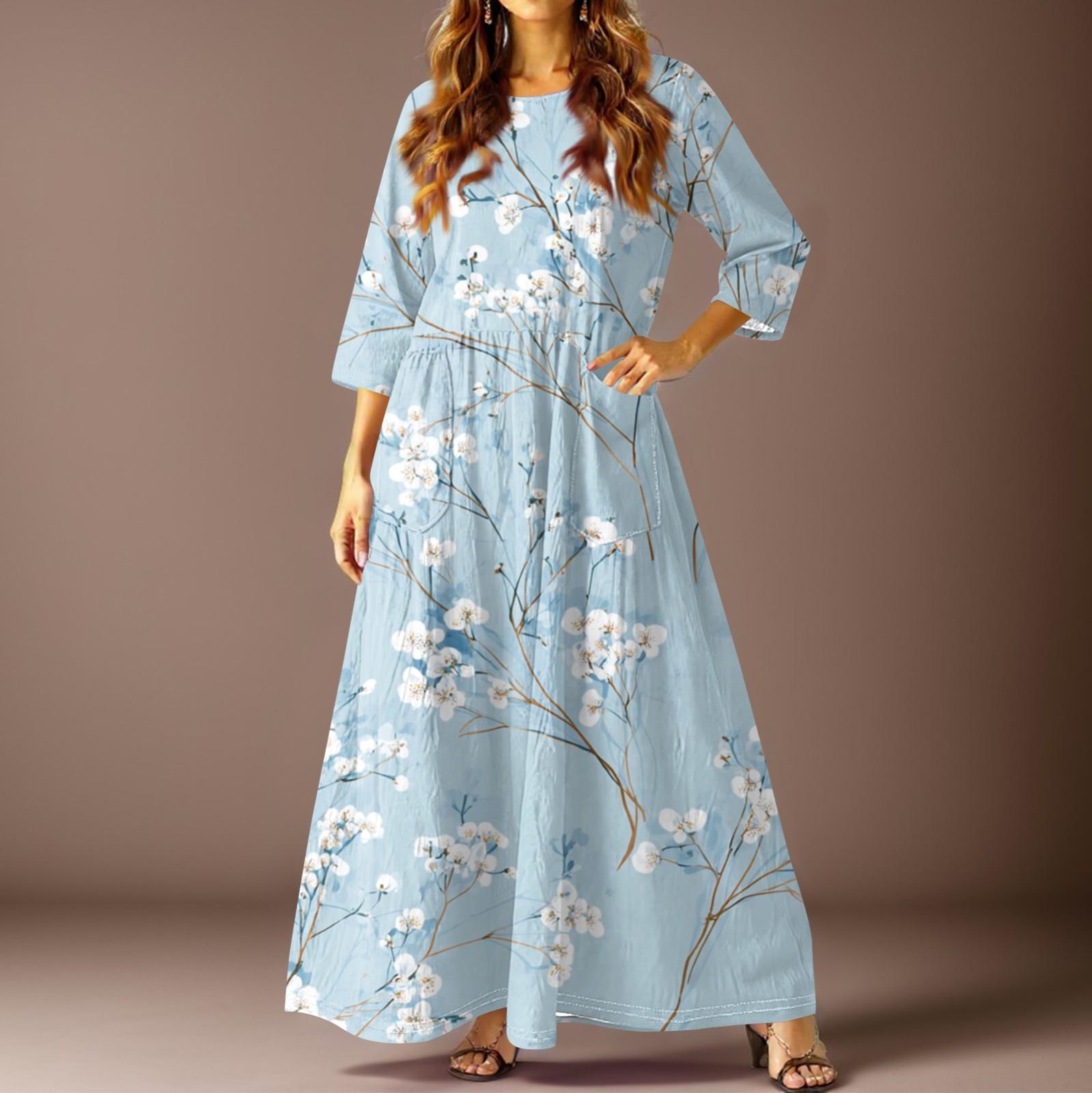 

Женское повседневное модное цветочное платье миди с рукавом три четверти и карманами XL небесно-голубой