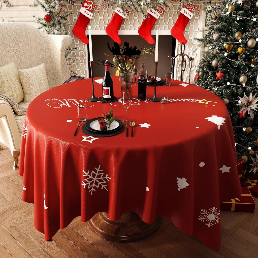 Christmas New Year Decor Round Tablecloth Waterproof Heat Resistant Washable Table Cover