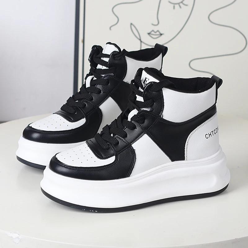 Fashion 8CM Genuine Leather Women Casual Shoes Platform Wedge Women Fashion Sneakers Chunky Shoes Summer Vulcanize Skateboard
