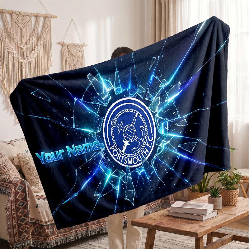 Personalisierte Fleece-Decke des Portsmouth FC mit Fußball-Logo, Individueller Name/Text, Weich, Warm, Heim-Überwurfdecke