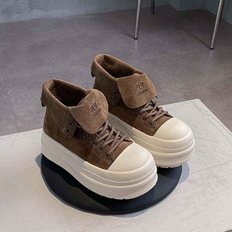 2025 early autumn new fashion Korean version platform muffin shoes women's high-top shoes versatile lace-up heightening casual board shoes