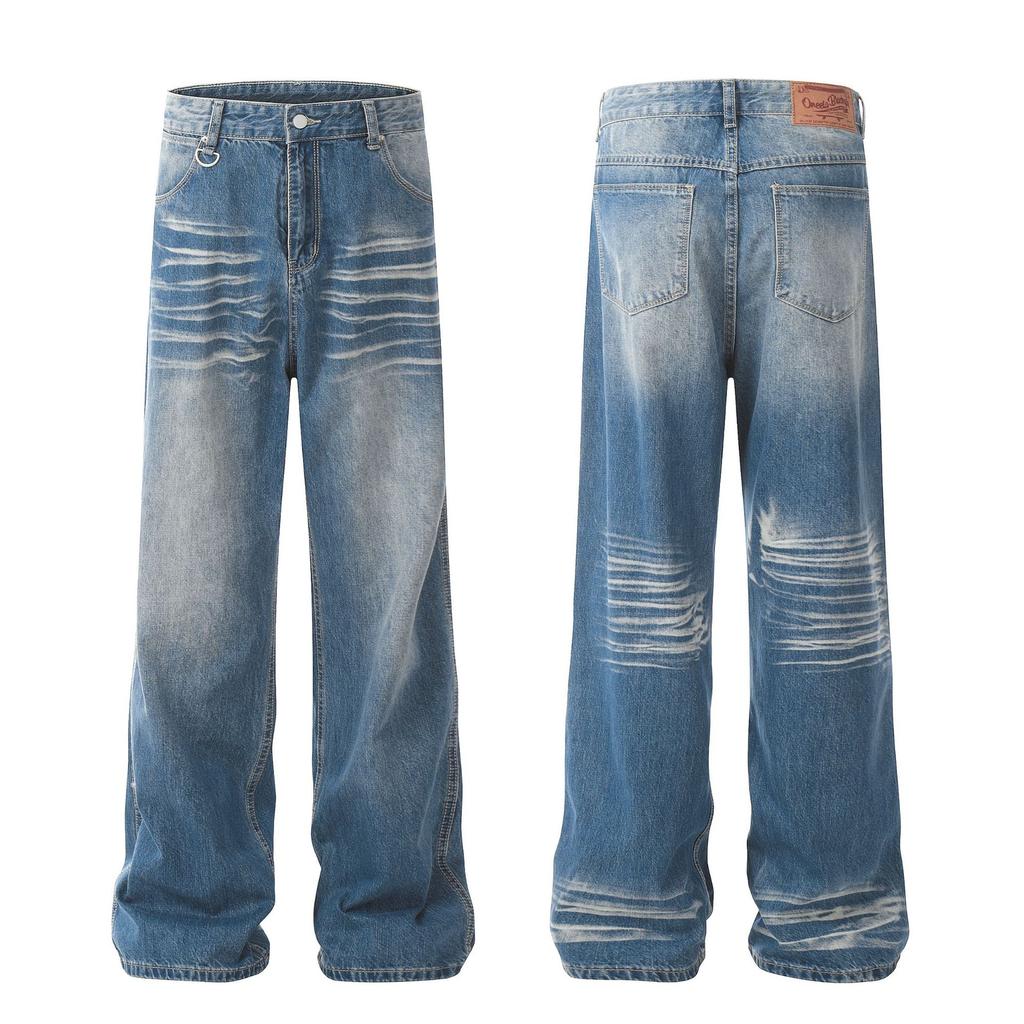 Ladies' Retro Design Versatile Crease Washed Denim Jeans Trendy Straight Leg Wide Leg Mop High Street Jeans