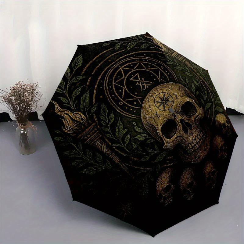 Skull and Laurel Wreath Circular Wall Art Umbrella, Portable 3-Fold Compact Umbrella for Men & Women R119
