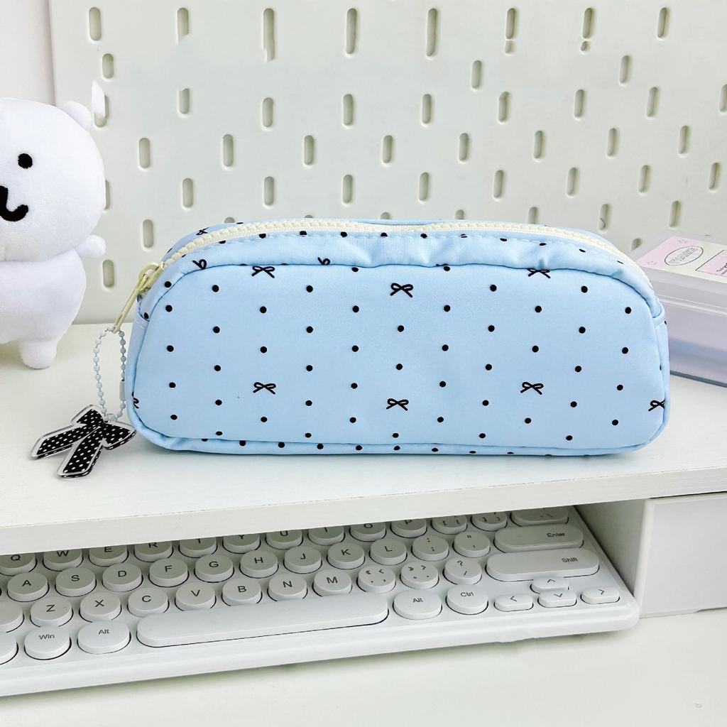 Pencil Pouch School Supplies Functional Polka Dot Bow Pencil Case Zipper Pencil Bag Cute For Desk School School Supplies