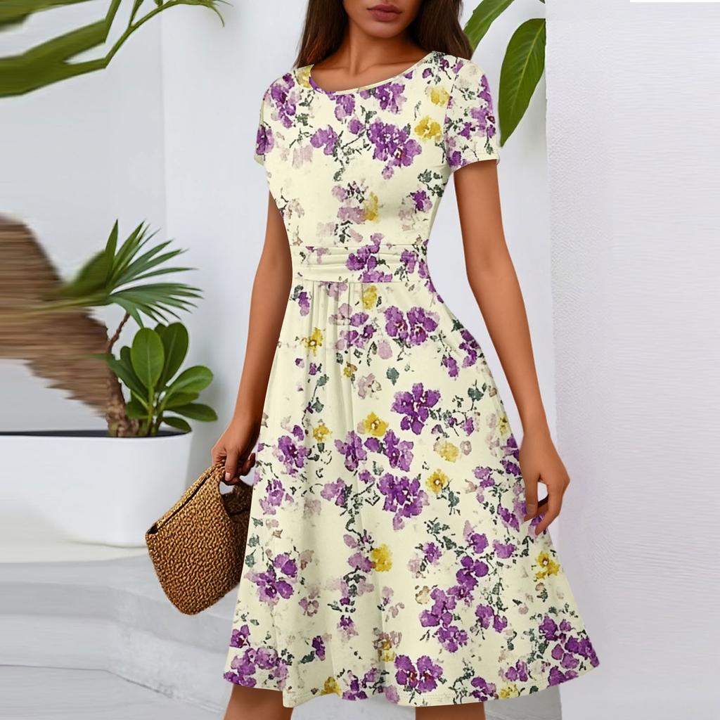 Women's Casual Fashion Round Neck Pleated Short Sleeve Floral Print A-Line Midi Dress