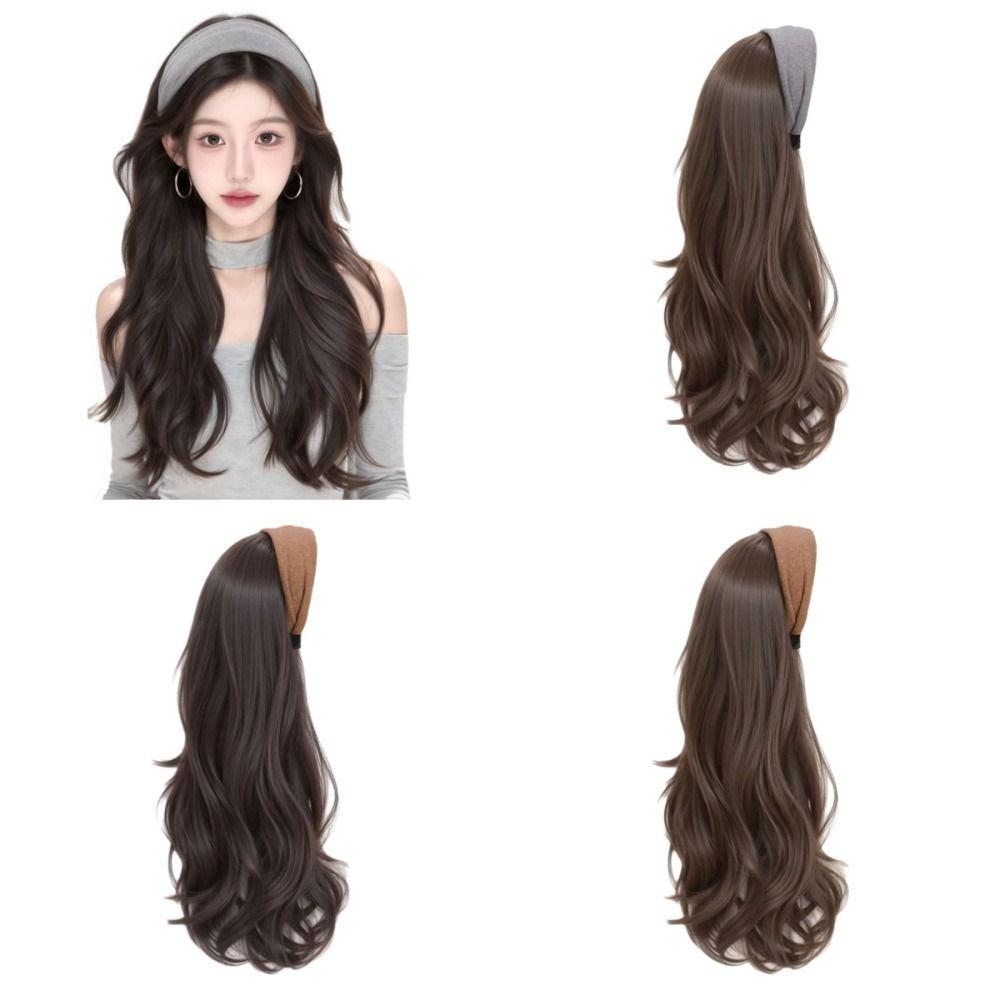 Hair Hoop Half Headband Wig Korean Style Long Wavy Curly  Hair Gray Wide Knit Headband Wig  Party