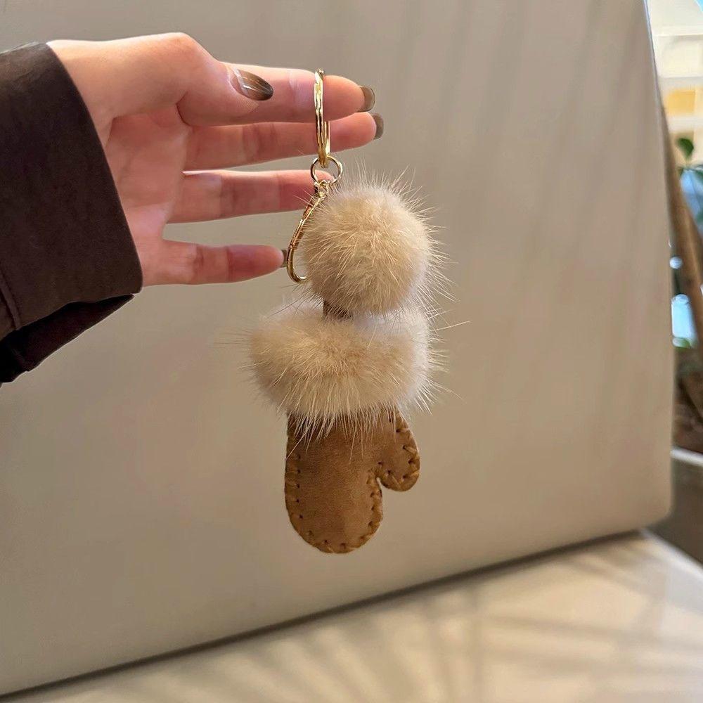 

Yogodlns Luxury Fluffy faux fur Glove Shaped Handbag Pendant High Quality Metal Ring Backpack Pendant For Women one size верблюд