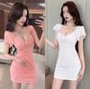 Spring and Summer New Sexy V-neck Mesh Yarn Waist Thin Short-sleeved Dress Club Foot Bath Technician Hip-wrapped Short Skirt Women