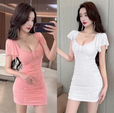 Spring and Summer New Sexy V-neck Mesh Yarn Waist Thin Short-sleeved Dress Club Foot Bath Technician Hip-wrapped Short Skirt Women