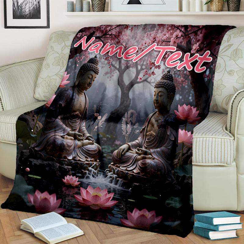 1PC Custom Name Buddha Meditation Garden Outdooor Flannel Blankets Throw Blanket All-Season Throw Gift Bedspread for Couch, Bed, Camping Holiday Birth