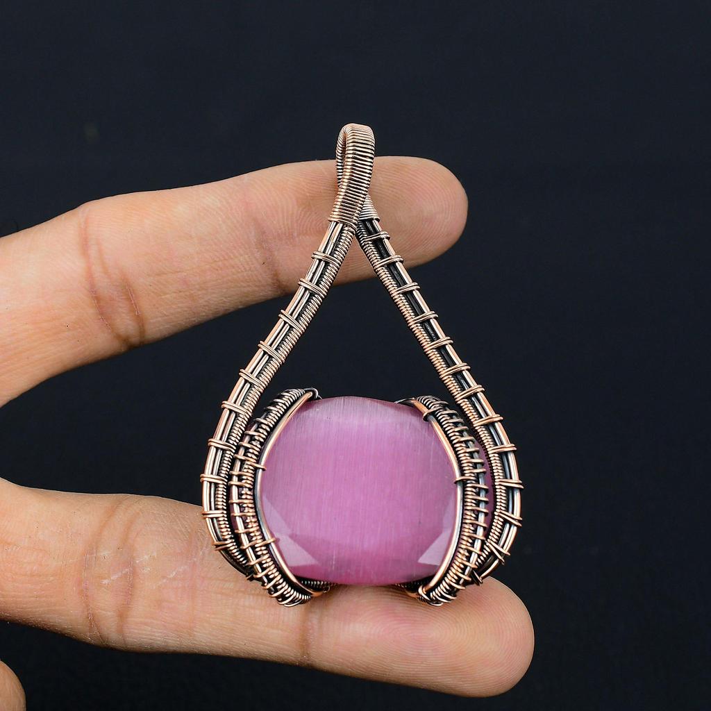Monalisa Gemstone Pure Copper Wire Wrapped Handmade Pendant Jewelry For Her