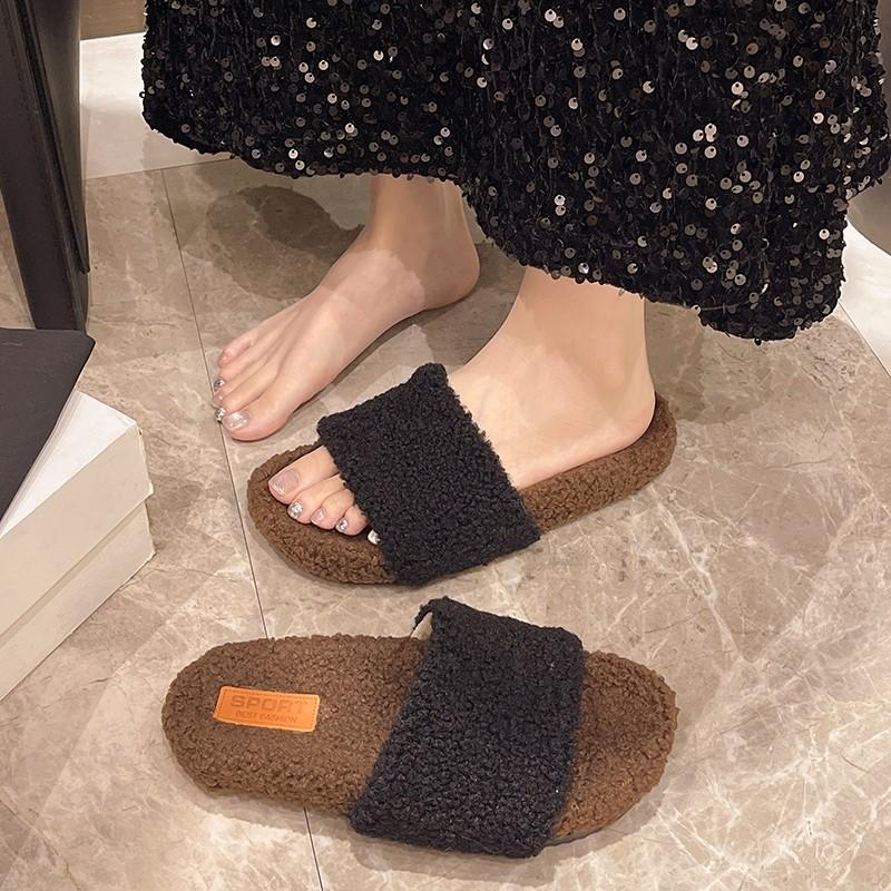 Fashion Flock Flat Shoes Female Plush Slippers for Adults Med Slipers Women Luxury Slides Platform Fur Soft Designer Shoes for Women
