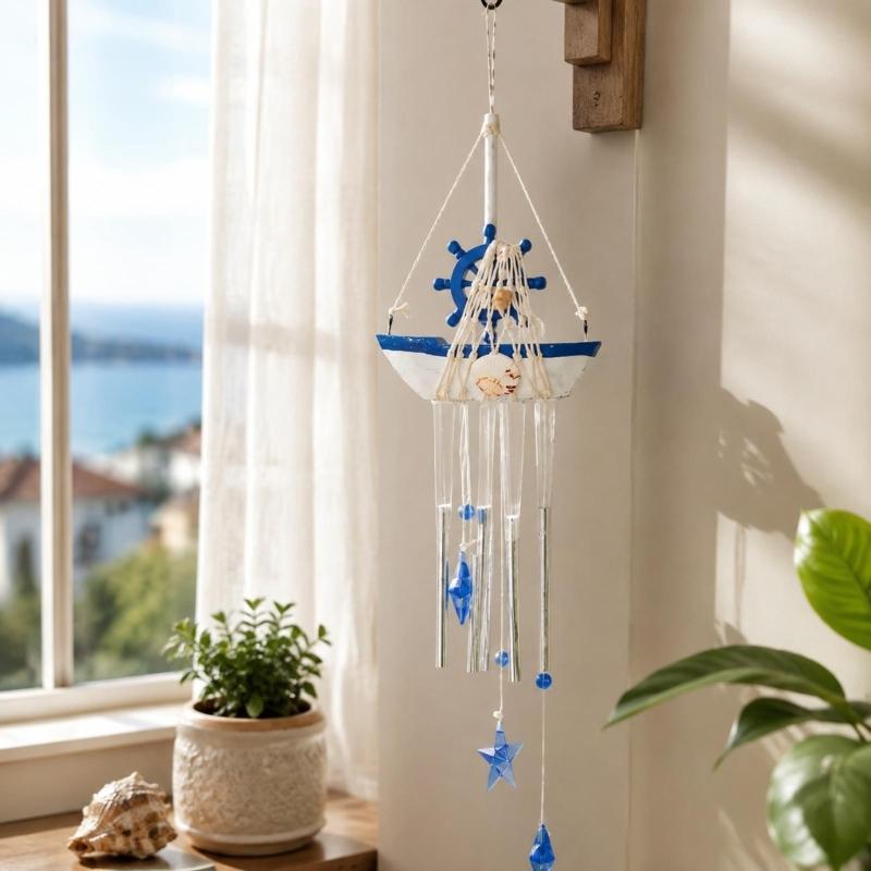 Coastal Wind Chimes with Blue and White Sailboats, Carving and Painted Detail, and Metal Tube, Star Pendants for Entryway Decors