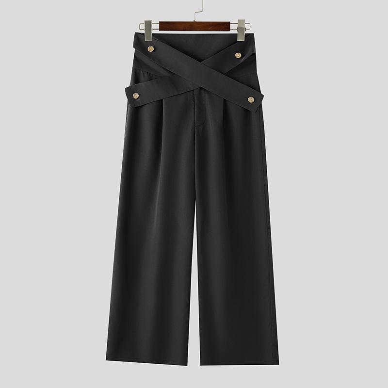 INCERUN Men's Avant Garde High Waist Front Cross Wide Leg Pants Long Trousers