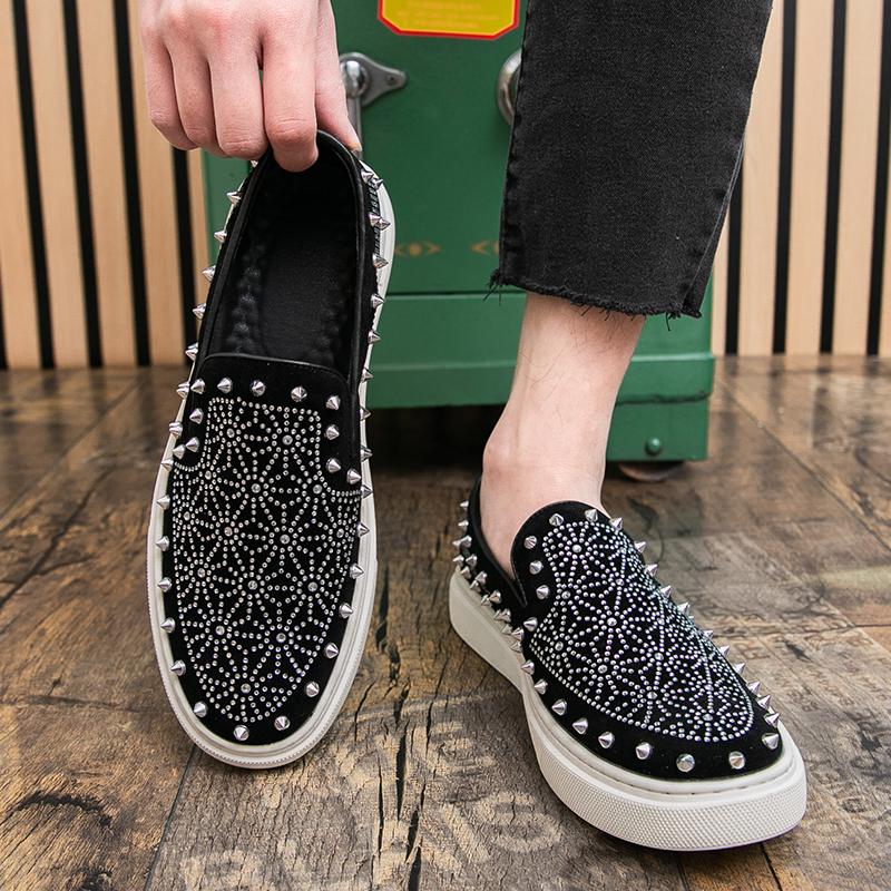 Fashion New Luxury Designer Men's All Match Platform Silver Rhine Rhinestone Causal Shoes Flats Male Rock Punk Loafers Zapatos Hombre