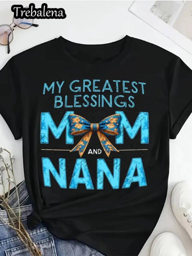 Womens Casual Short Sleeve T Shirt Breathable Cotton Mom Nana Bow Print Black Top Spring Summer Mothers Day Gift Relaxed Fit