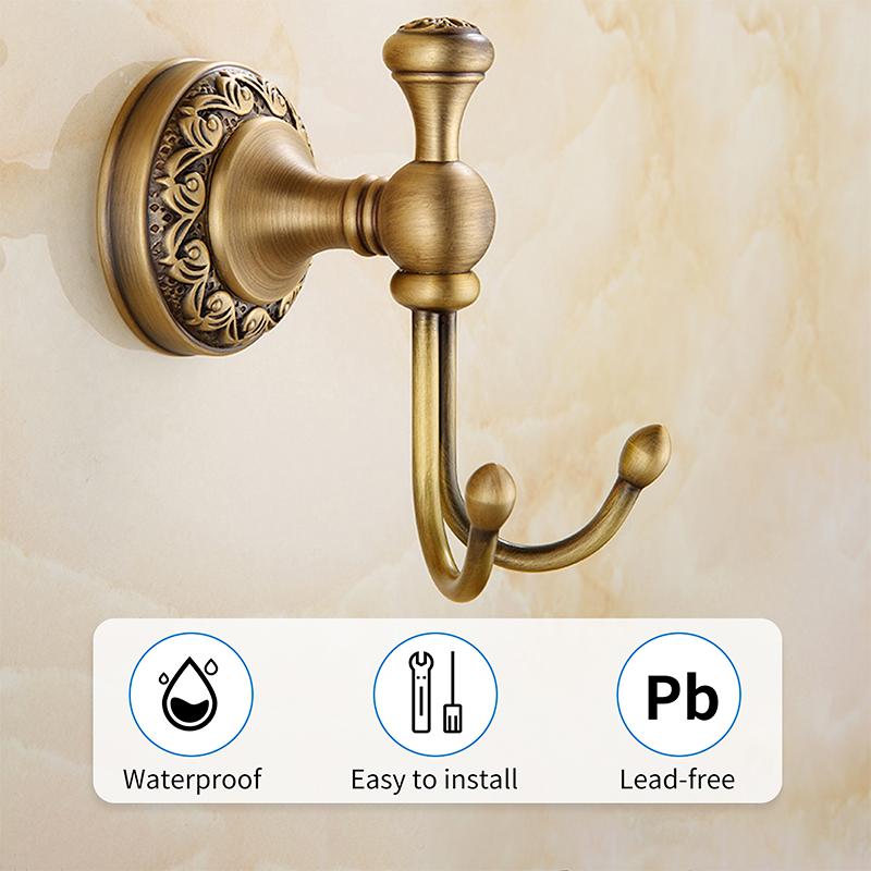 Antique Brass Gold Double Hook for Bathroom, Longhorn Robe and Towel Hook, Vintage Decorative Wall Mounted Accessories ELF82