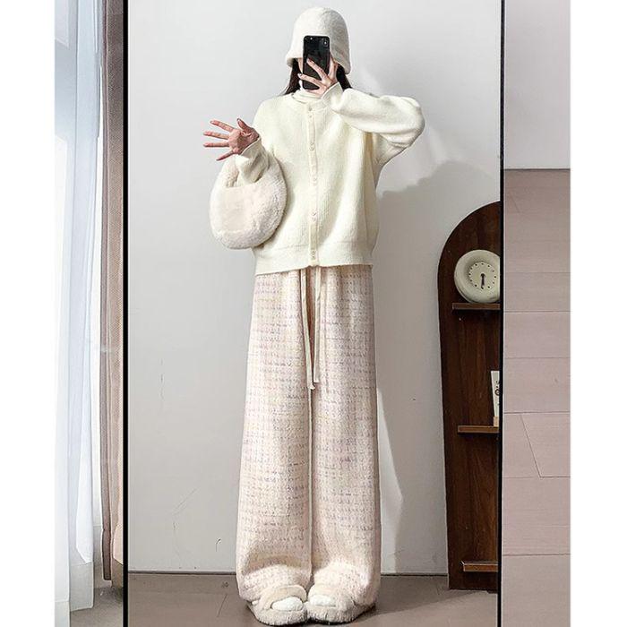 Houndstooth Wide-Leg High-Waist Velvet Pants - Women s Autumn/Winter Petite Casual Straight-Leg. L