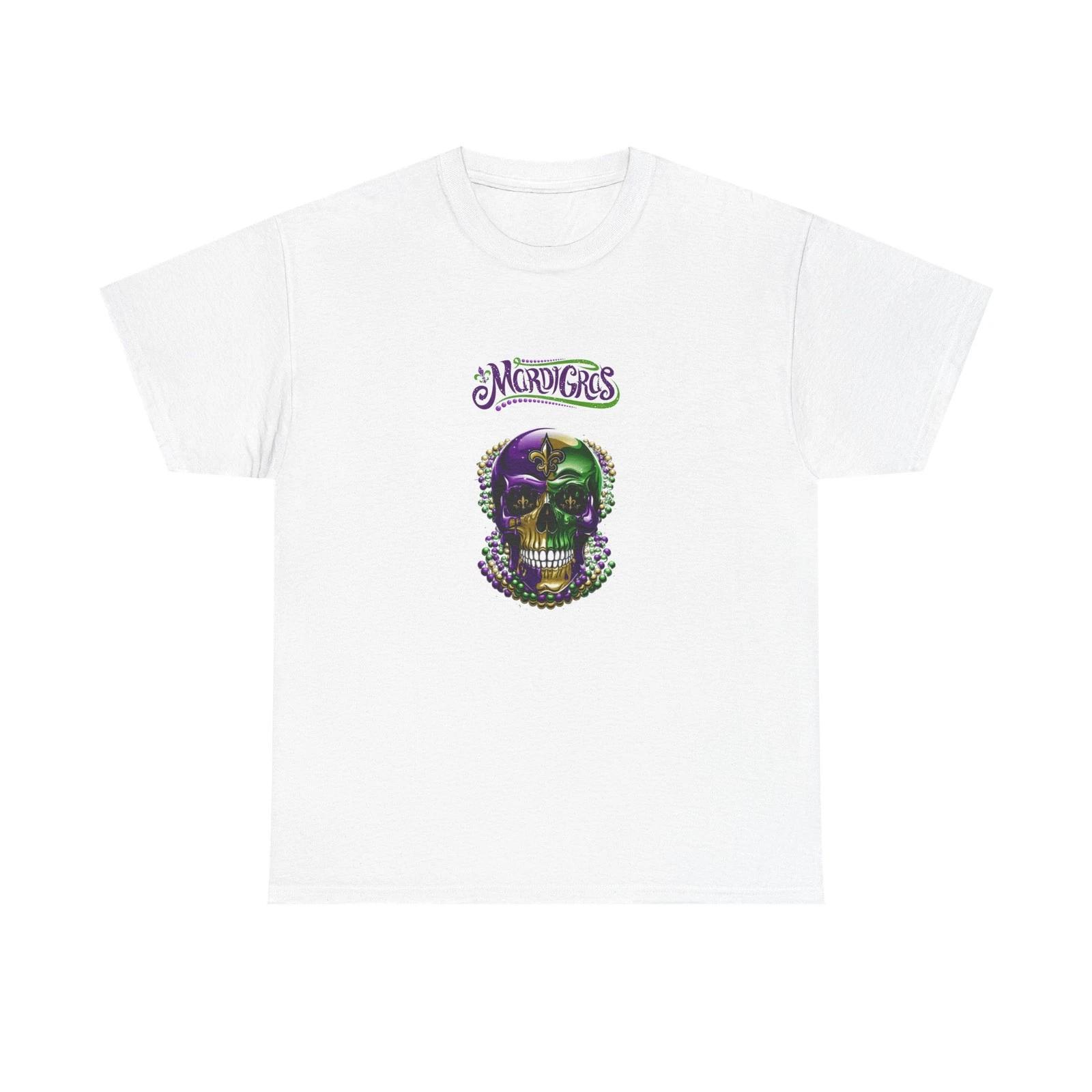 Mardi Gras Skull Tee | Purple Green Gold Beads XL