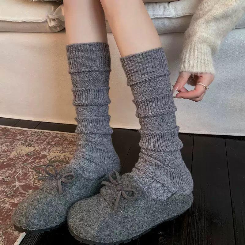 Slimming Thickened Wool Pile Socks with Diamond-patterned Texture for Women, Long and Versatile Calf Socks, Solid Color School Style Long Leg Socks