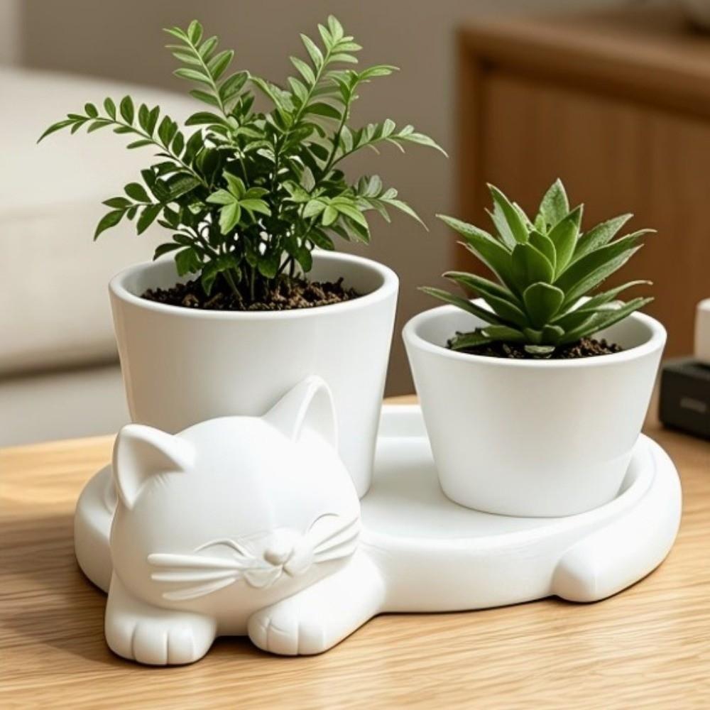 3D Printed Cat-Shaped Flower Pot Cute Animal Mini Potted Plant Jewelry Tray Indoor/Outdoor Use