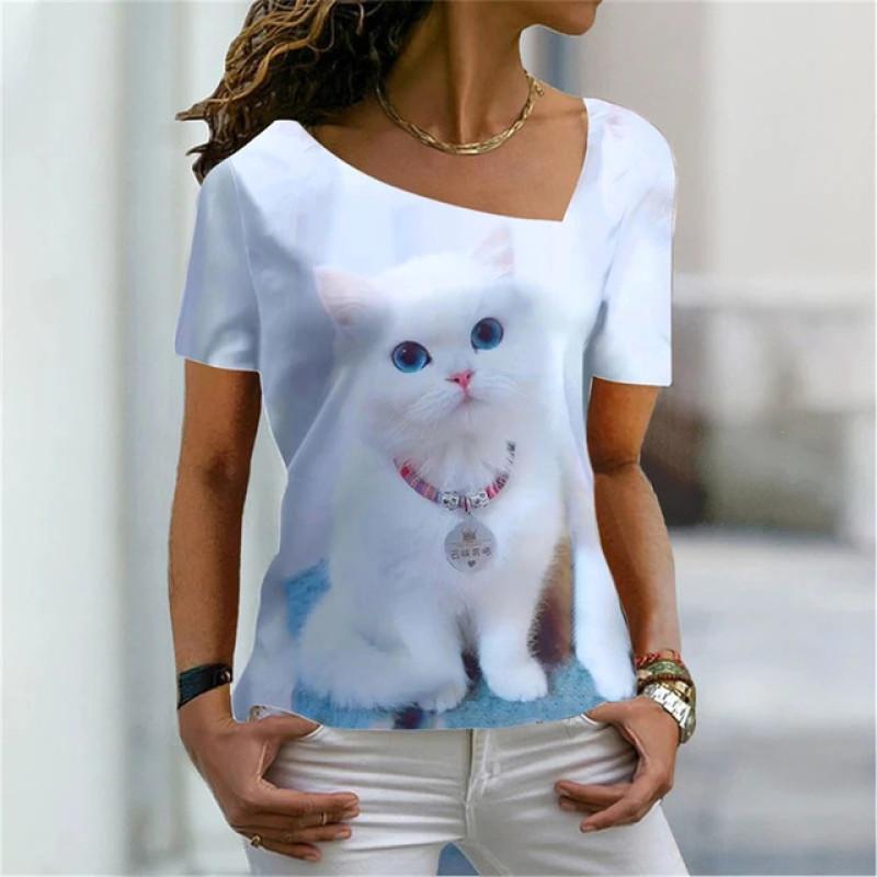 Kreslená kočka Digitální 3D tisk Dámské tričko Krátký rukáv Léto Ležérní Šikmý límec Personalizované Žena Dámské topy Oblečení