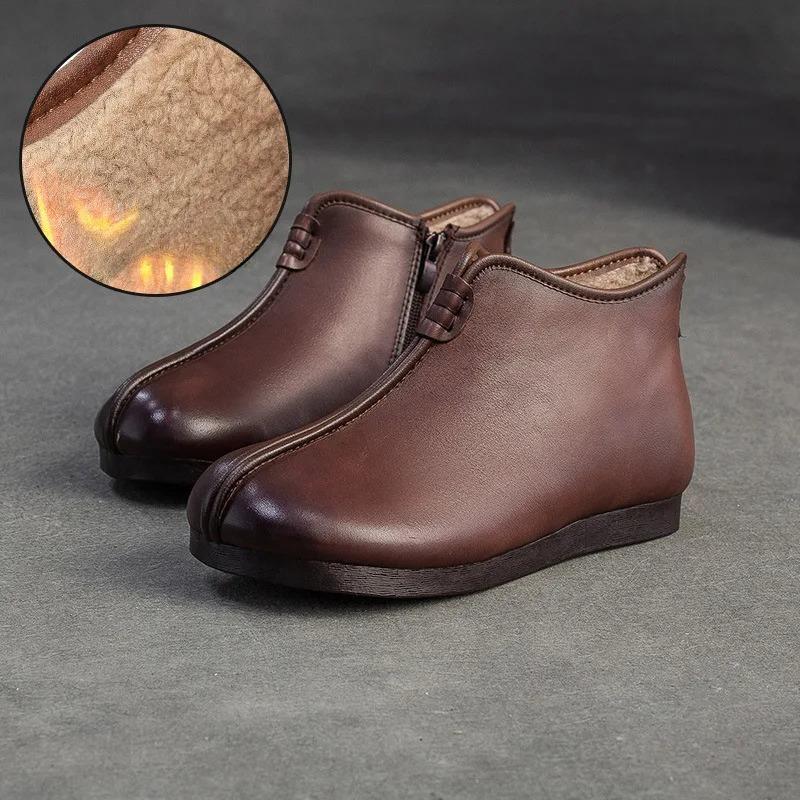 

Johnature Натуральная кожа Плюшевые Теплые Хлопковые Туфли Круглый Носок Плоские Ботильоны Для Повседневной Носки Женская Обувь 40 коричневый