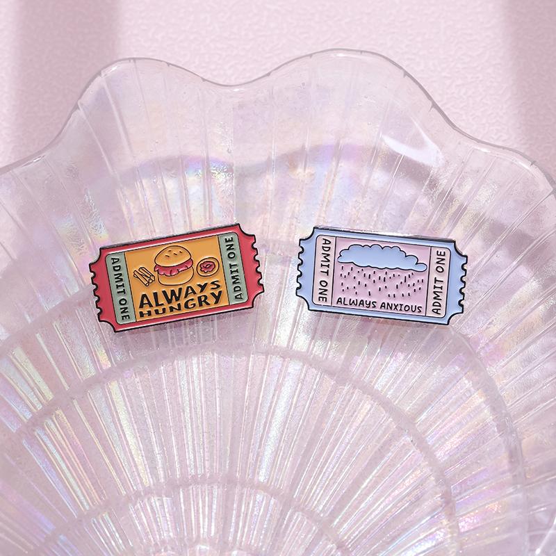 Art Stamps Enamel Pins Custom ADMIT ONE EXHAUSTED Always Tired Brooches Lapel Badges Funny Jewelry Gift for Kids Friends