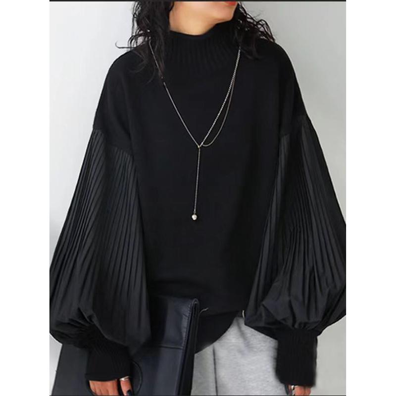 Winter Women Stylish Sweater Turtleneck Patchwork Casual Loose Pullover Lantern Sleeve Ladies' Sweater