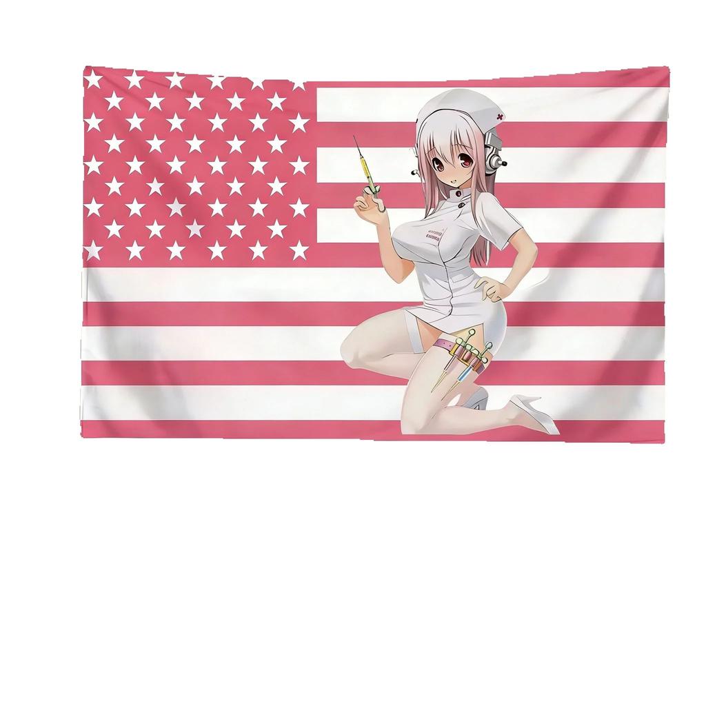 Nurse Anime Tapestry Pink Cross And Syringe Design Pink American Flag Design Backdrop Suitable For Bedroom Dorm Decoration Gifts