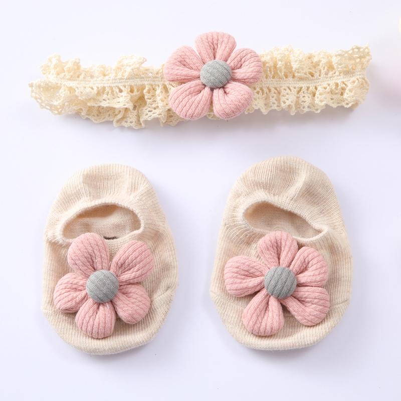 Baby Girl Knitting Flower Cotton Socks Anti-slip Floor Ankle Socks Lace Headband Set Newborn Gift Outfits