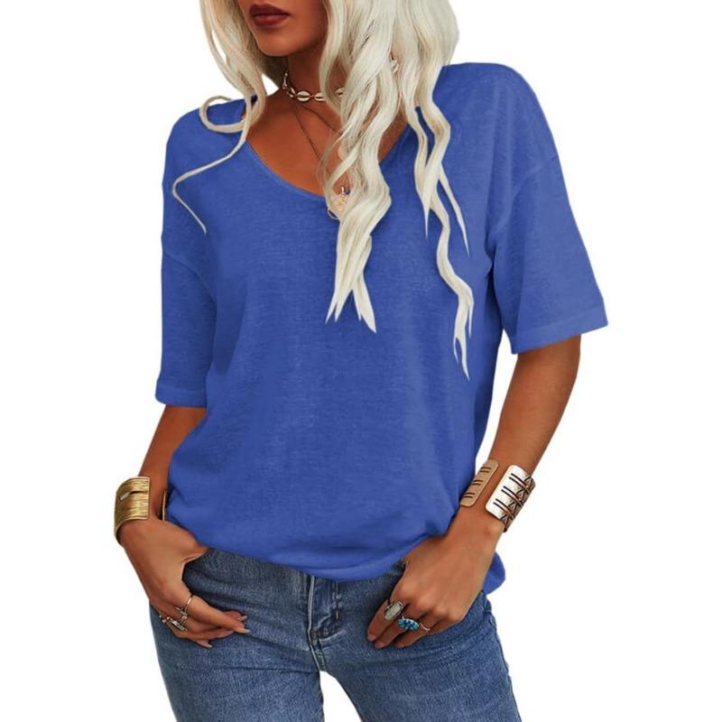 Women Light Blue V Neck Short Sleeve T Shirt Loose Fit Casual Summer Basic Top