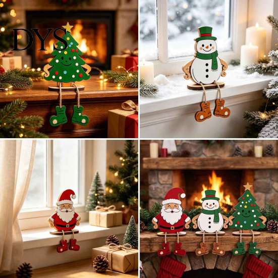 Small Wooden Holiday Gifts Christmas Hanging Leg Ornament, Santa/Snowman/Christmas Tree Shape, Shelf Sitter Decorative Craft for Fireplace Tabletop