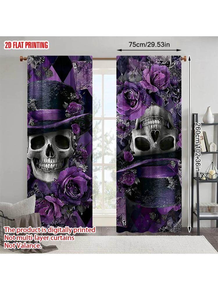 

Set Of 2 Plane Printing Curtains Skull Top Hat Roses Versatile Polyester Without Rod Home Decor Use Season Curtain W100*H70(CM)-Rod Pocket&2PCS