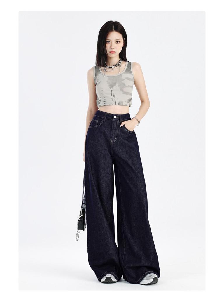 Women's Dark Blue Wide-Leg Jeans - 2025 Spring Petite Straight-Fit, Floor-Length Pants