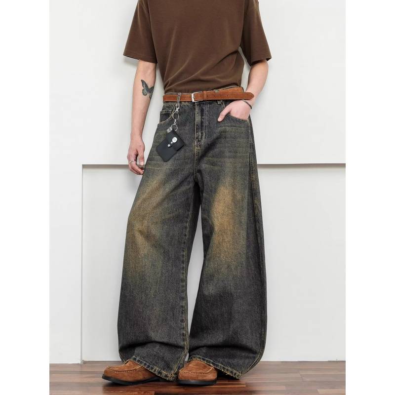 JYL Unisex Wide-Leg Jeans American Vintage Mud Dyed Whisker Bootcut Baggy Denim