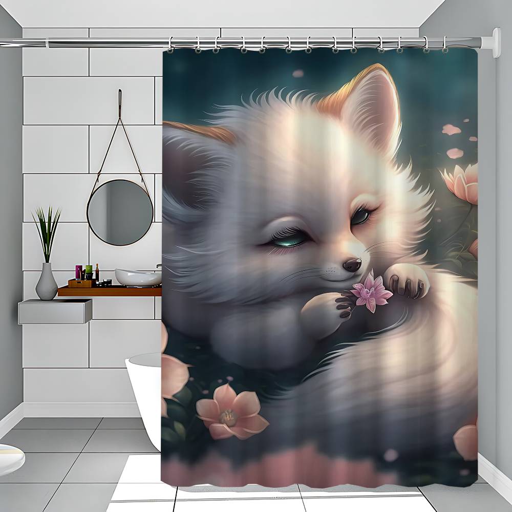 Fantasy Mystical Sakura Nine Tailed Fox 1PC Printed Shower Curtain Waterproof Washable With 12 Hooks Bathroom Shower Home Use
