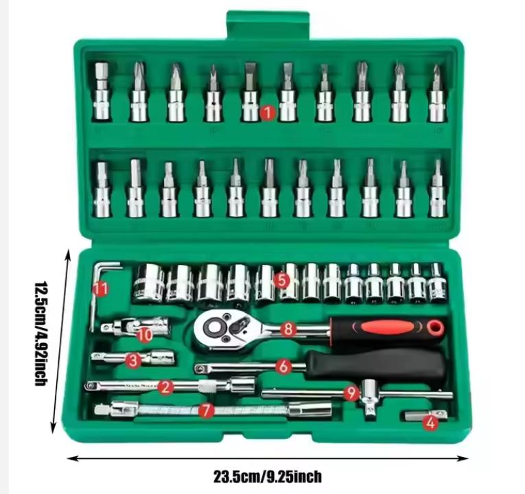 46PCS Master Mechanic Tool Kit with 3/8" Ratchet, SAE/Metric Sockets, Torx/Hex Bits, Extension Bars - Professional Grade
