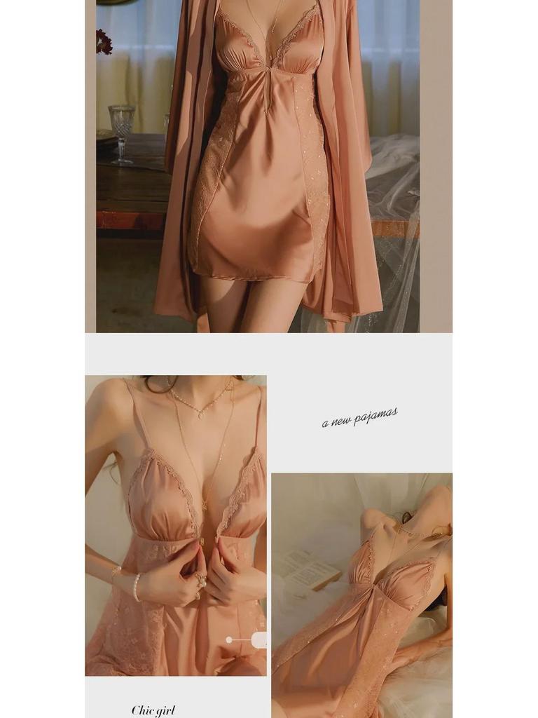 Dámská sexy noční košilka s odhalenými zády, pyžamový set s vycpávkami na prsou