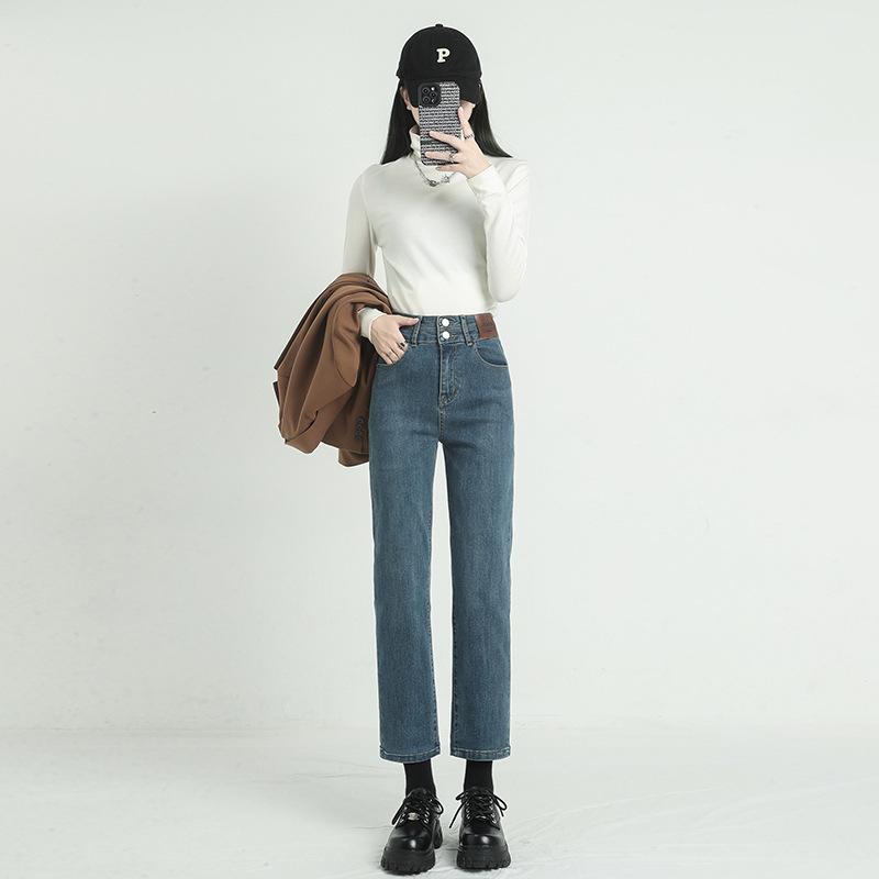 Women's High-Waisted Black Cigarette Jeans - Autumn 2023 Trendy, Slim, Loose, 9/10 Length