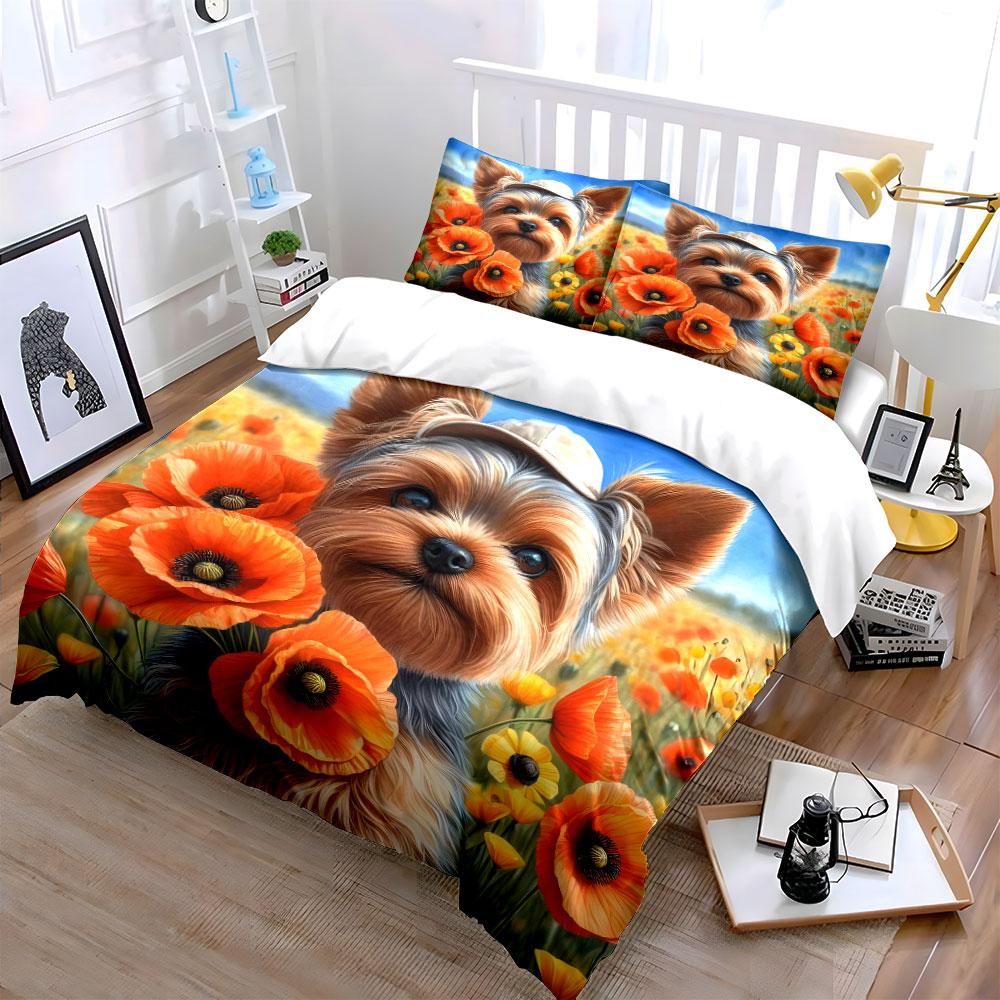 Dog-Inspired Floral Field Set Exquisite three-piece bedding set gift for kids and adults