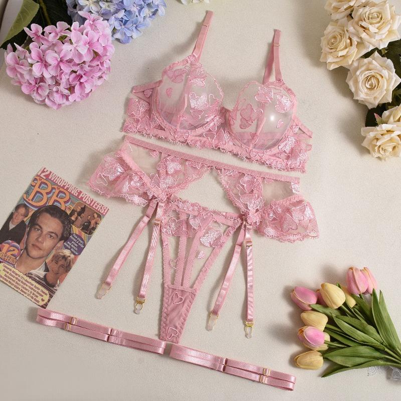 Sexy Steel Tray Bra Heart-shaped Mesh Yarn Embroidery Set Sexy Underwear Women