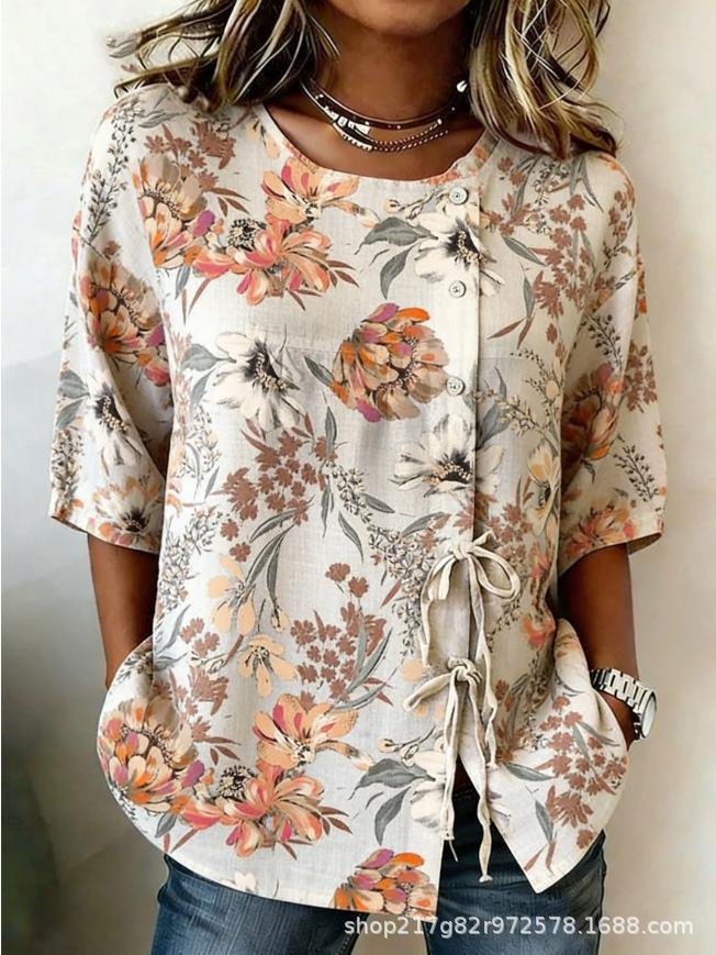 European and American summer new women's tops, shirts, geometric printing buttons, drawstrings, half-sleeved tops, T-shirts, women's clothing
